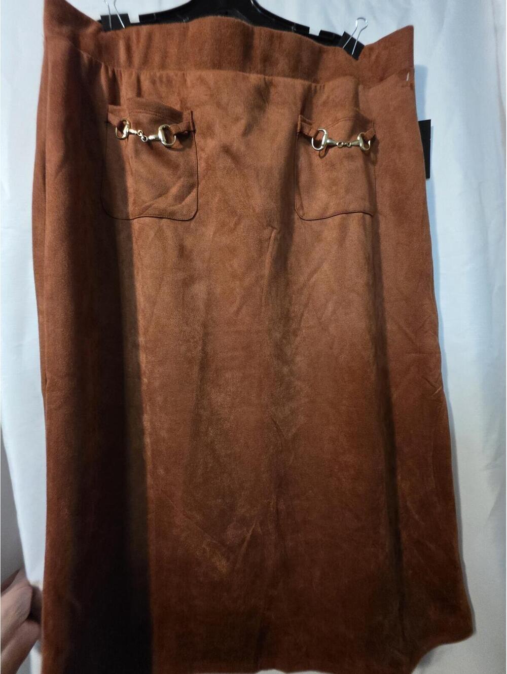 Messini Brown Suede Midi Skirt with Front Pockets and Metal Bit Detail